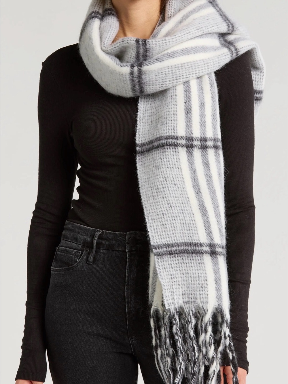AllSaints Cream & Gray Checked Fringe Scarf